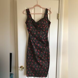 Stop Staring! Pin up retro cherry print black red Polka Dot Dress Large